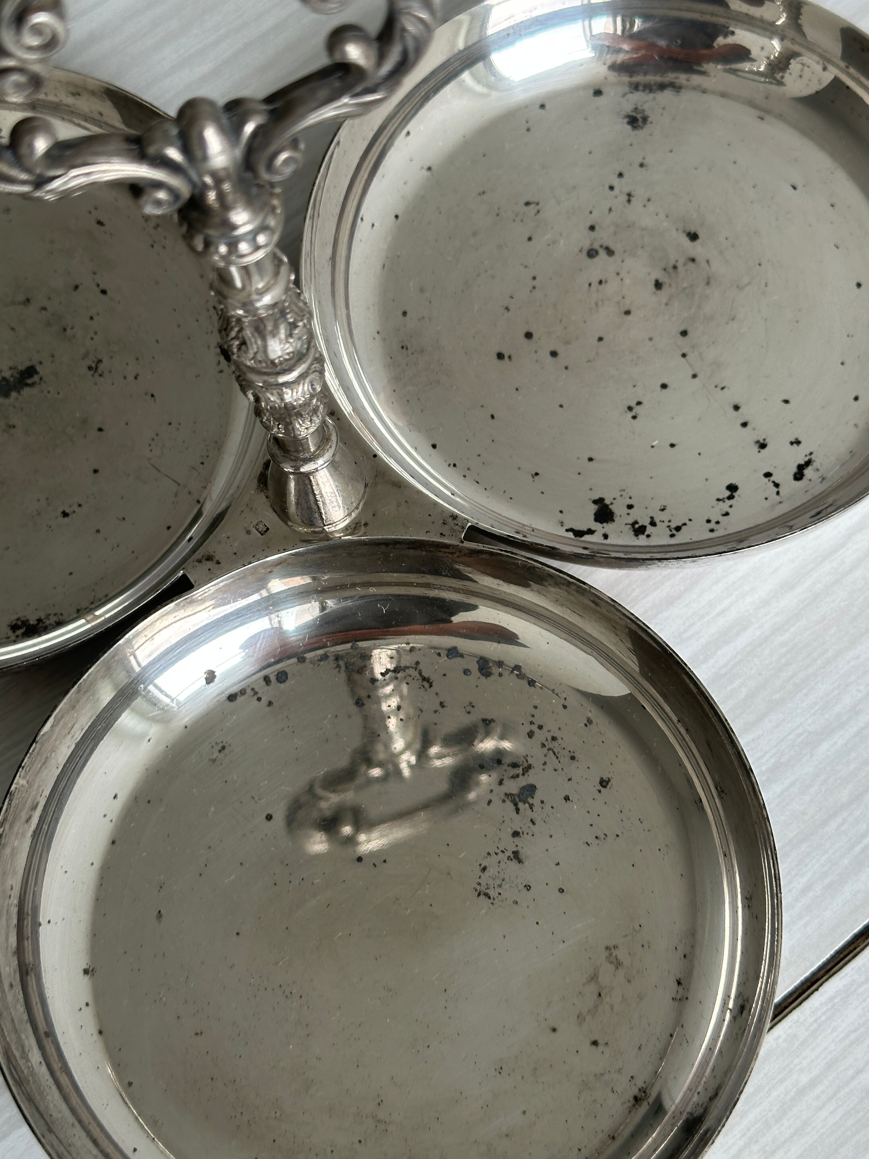 antique tripartite dish with carved handle