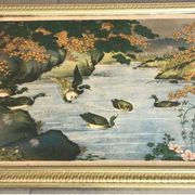 Old painting with a polychrome print decoration of ducks in nature.