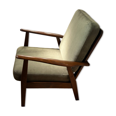 Fauteuil scandinave vintage en teck et velours petites côtes vert – ''Alrik