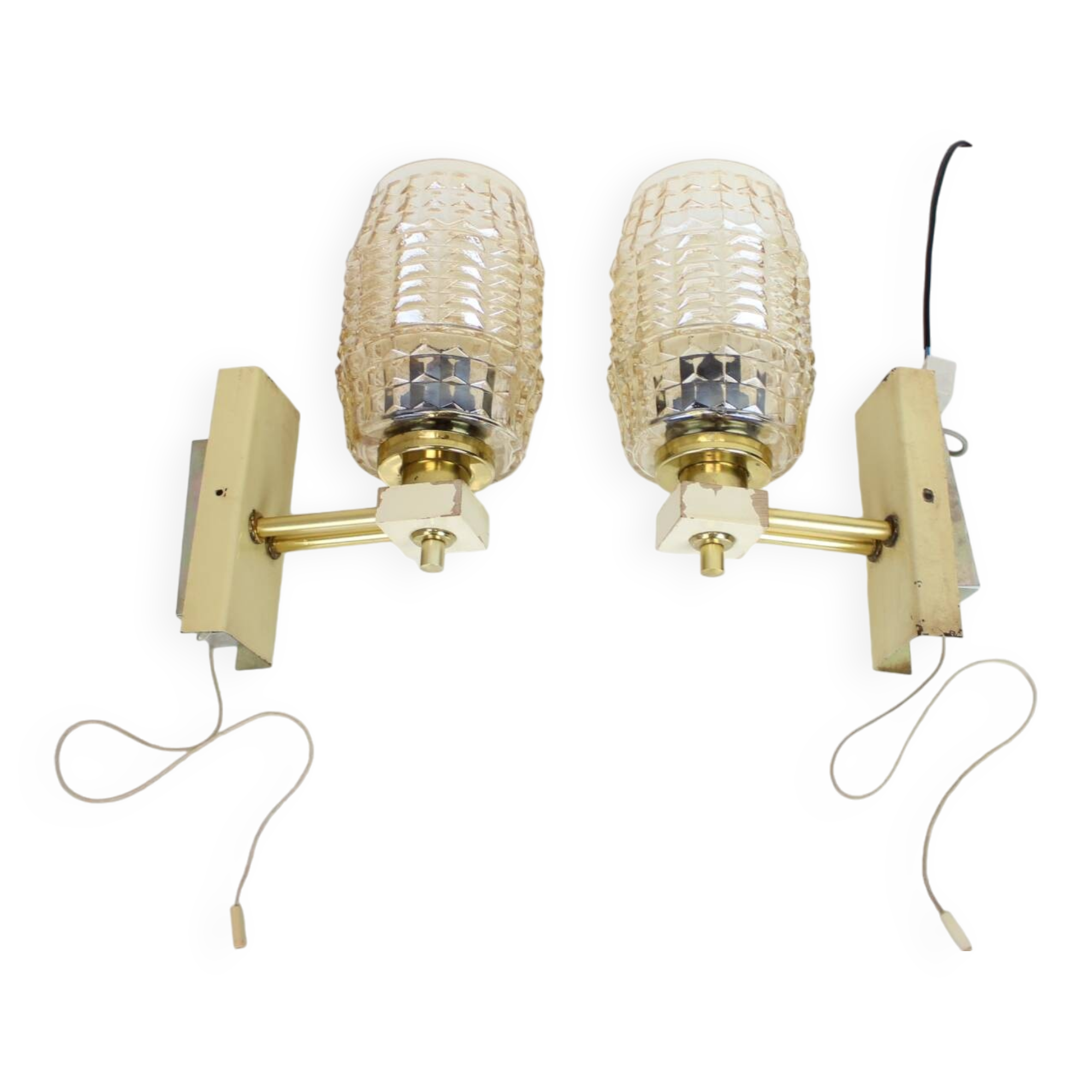 1970s Pair of Two Wall Lamps with Glass Shades, Czechoslovakia