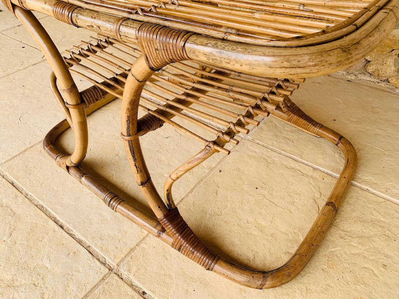 Table basse vintage en bambou et rotin dans le goût de Tito Agnoli, circa 1960