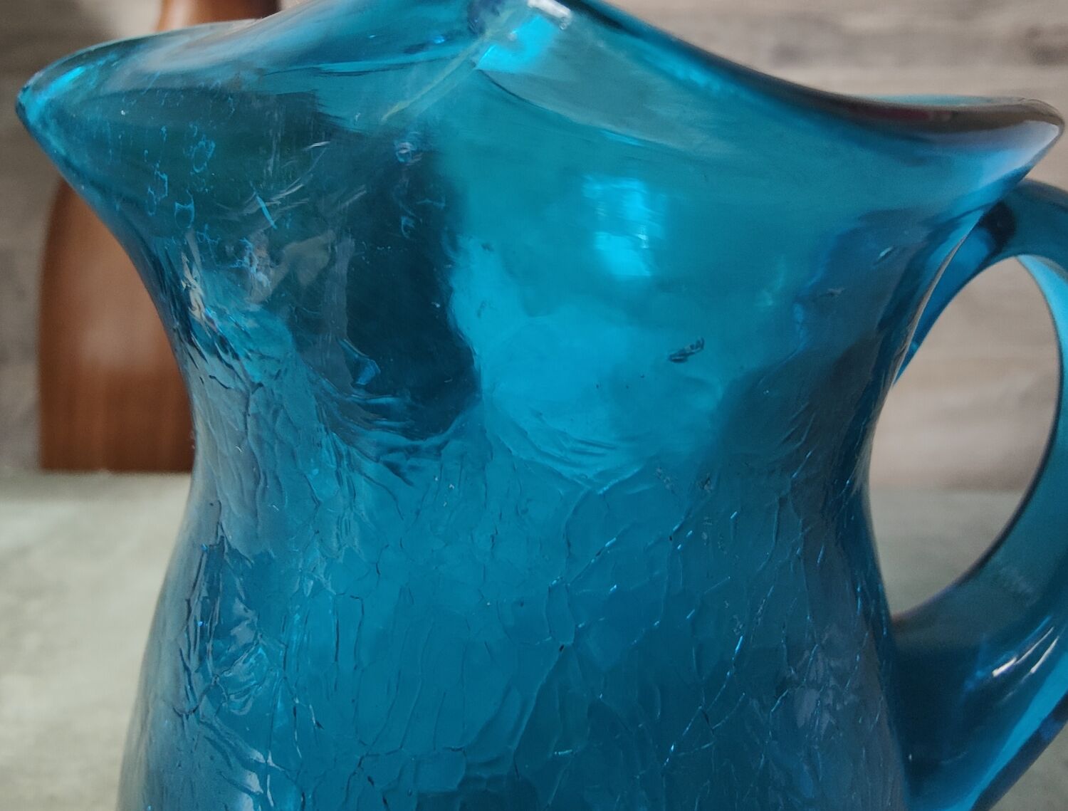 Blue cracked glass pitcher