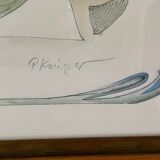 Iris flower on paper with vintage wooden frame
