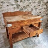 Table de boucher française vintage – Bloc de hêtre des années 1960 – Table de boucher avec tiroir et étagère