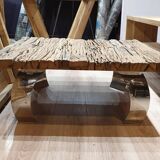 Old teak table with 4 curved steel legs and polished chrome