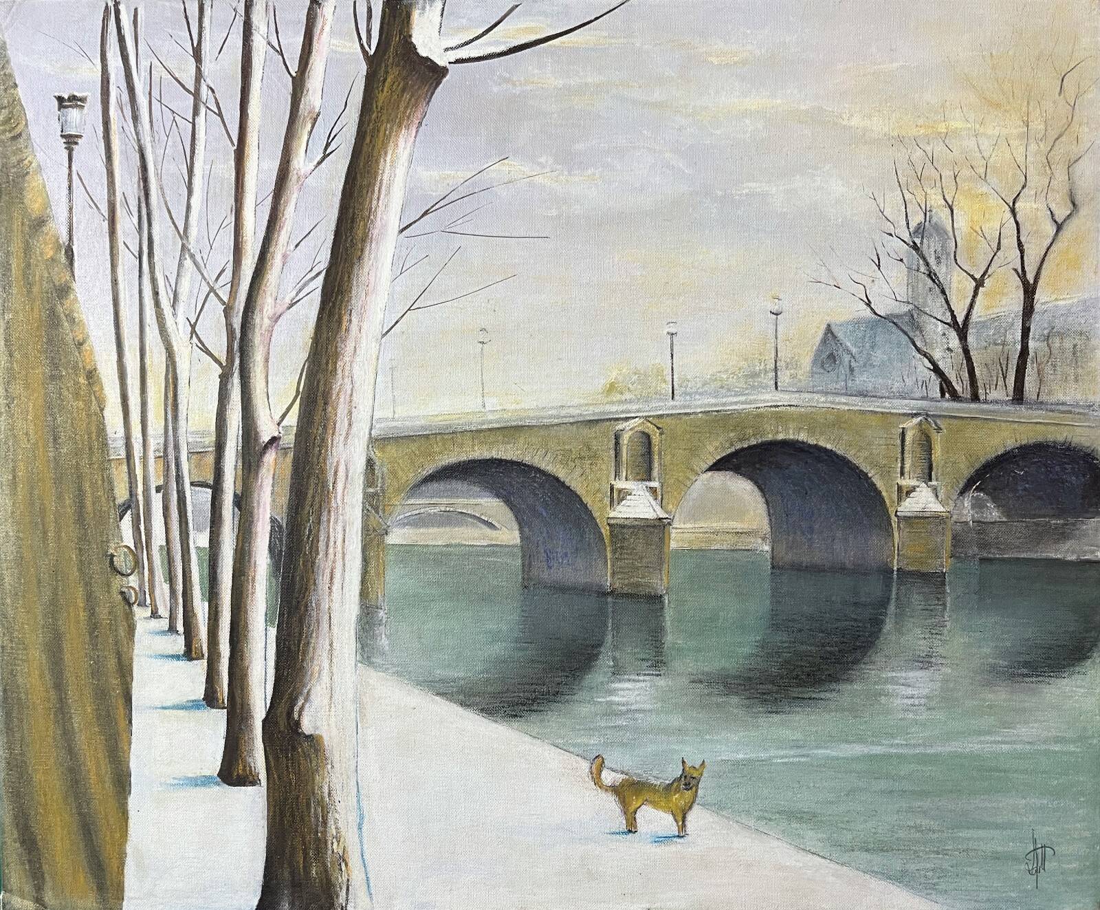 Tableau HSP "Pont de Paris en hiver" Notre Dame signé vers 1950
