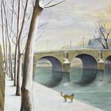 Tableau HSP "Pont de Paris en hiver" Notre Dame signé vers 1950