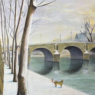 Tableau HSP "Bridge of Paris in Winter" Notre Dame signed around 1950