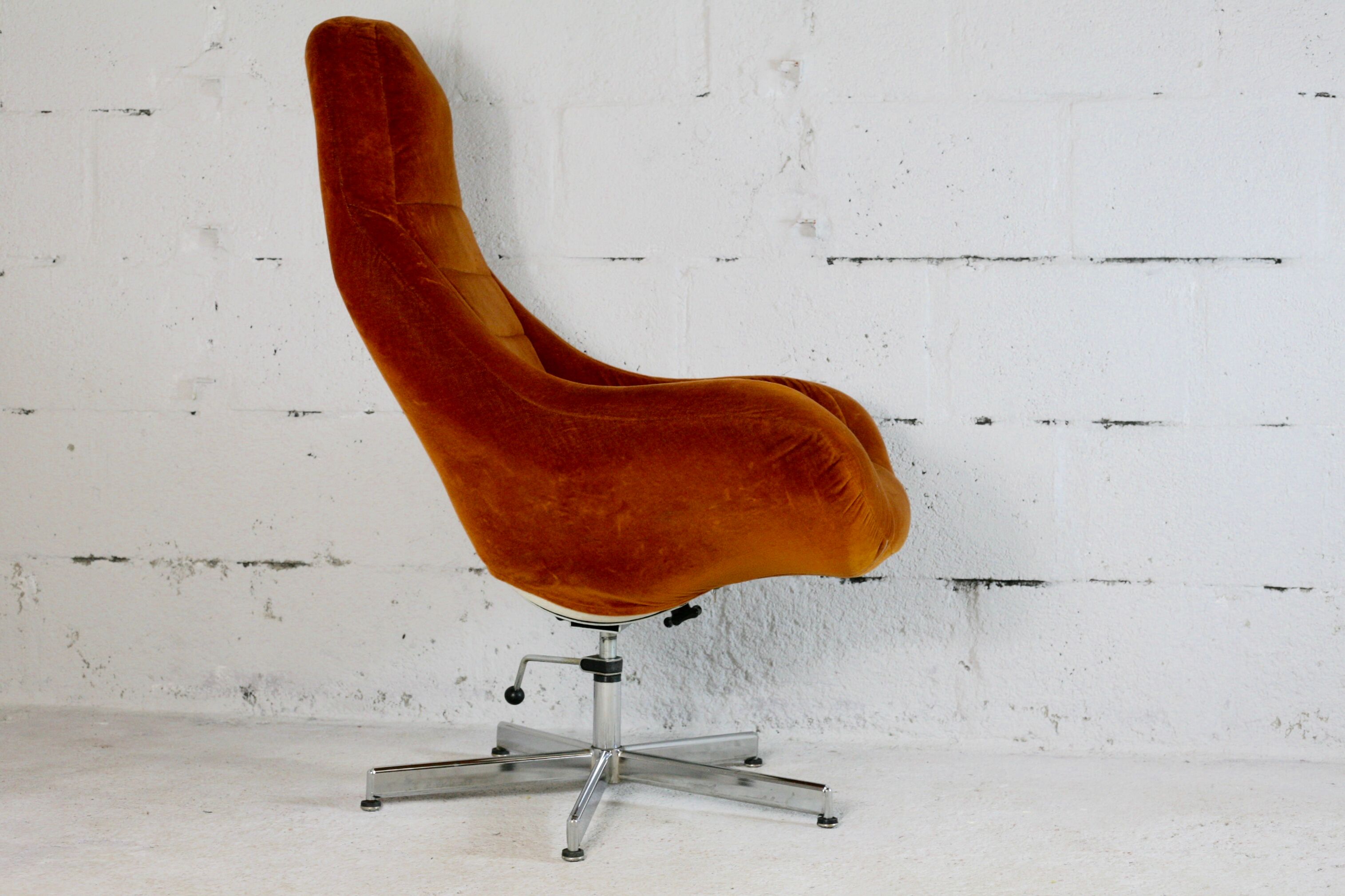 Space age chair, fiberglass, orange velvet, circa 1970s