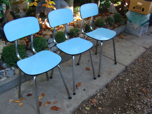Set of three vintage blue formica chairs
