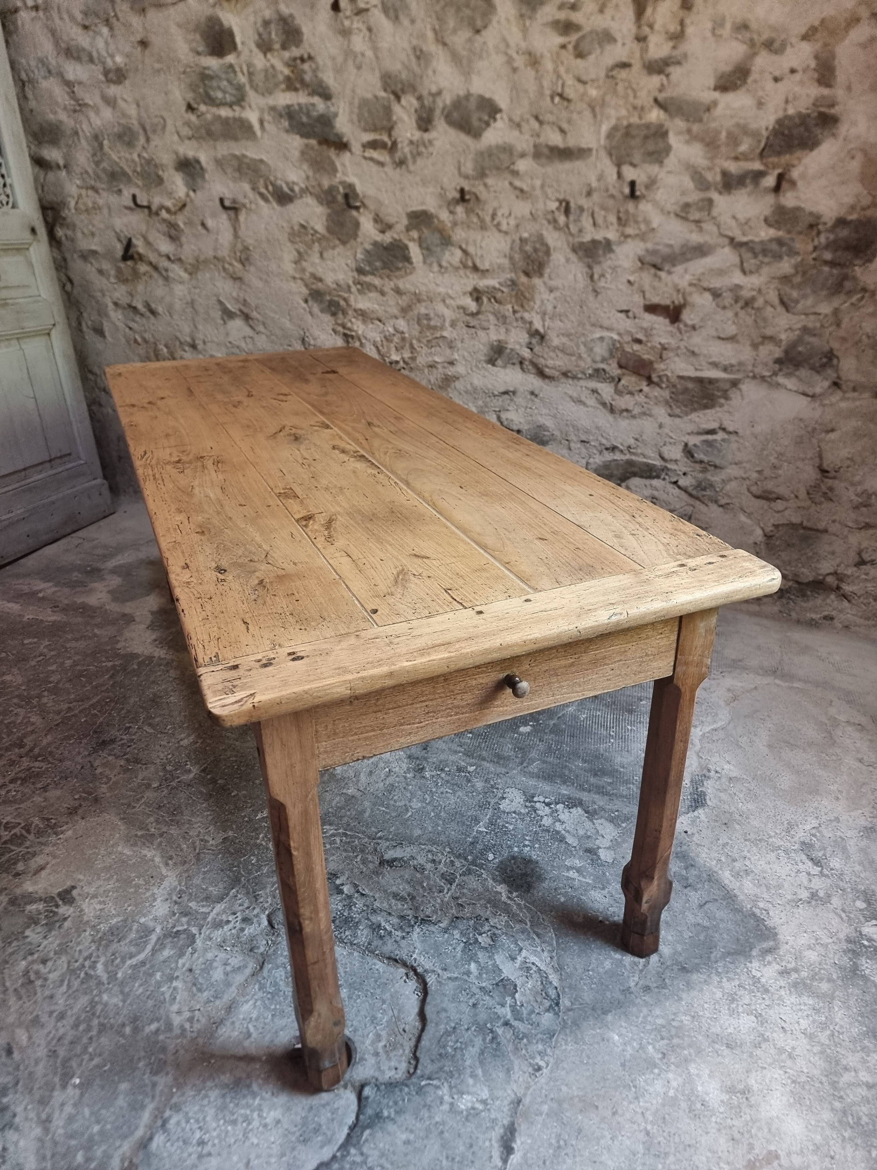 Old farmhouse dining table, rustic kitchen, poplar top, chestnut base, two drawers, 1800–1850.