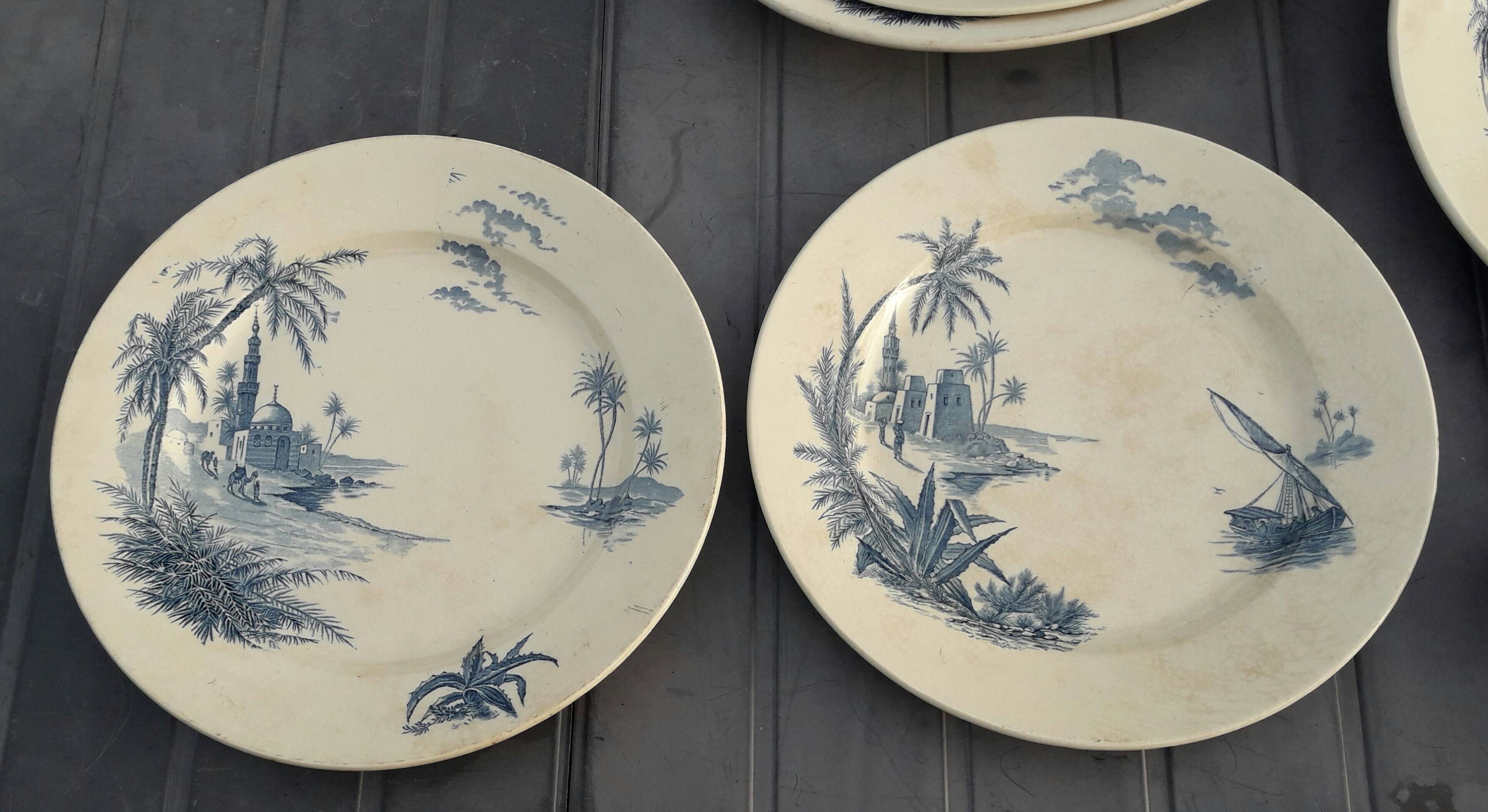 Gien earthenware service, Vues d'Orient model, 21 pieces, late 19th century