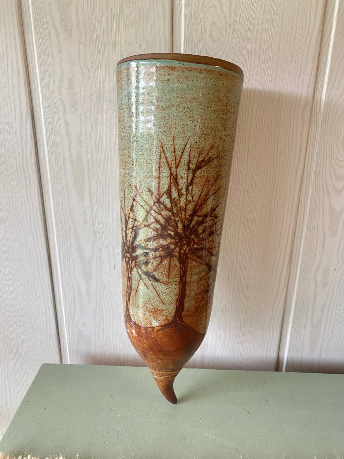 Glazed stoneware wall vase with tree decoration – ca. 1960–1980