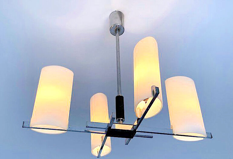 Arlus chandelier chrome, four opaline lights, mid-century France