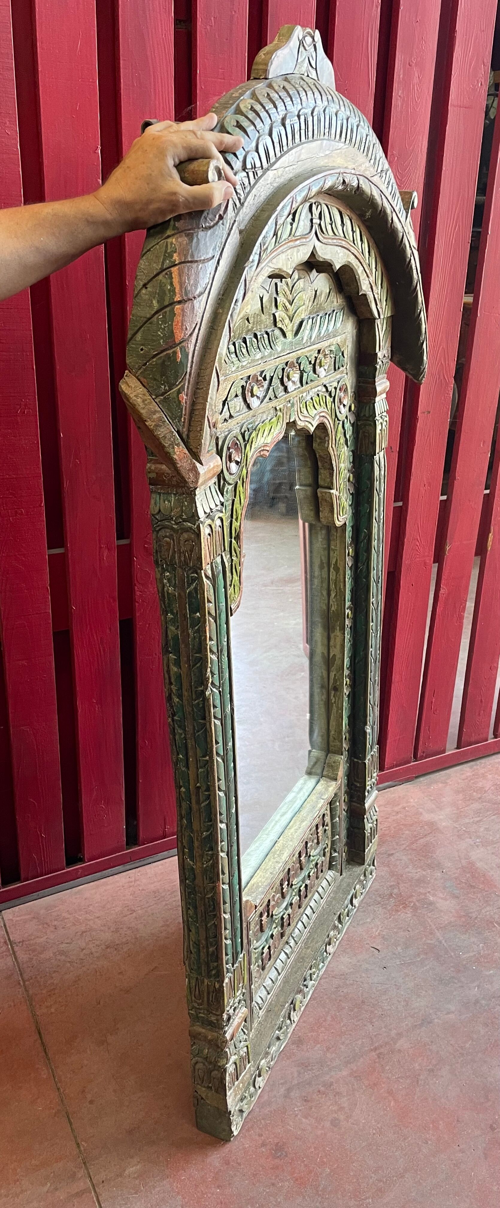 Polychrome teak mirror plant décor India Rajasthan late 1800 97x163cm