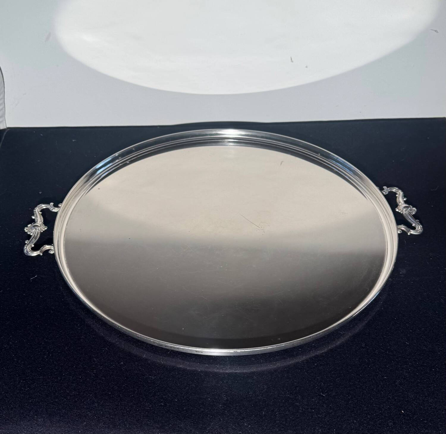 Large silver tray with rocaille handles – mid-20th century