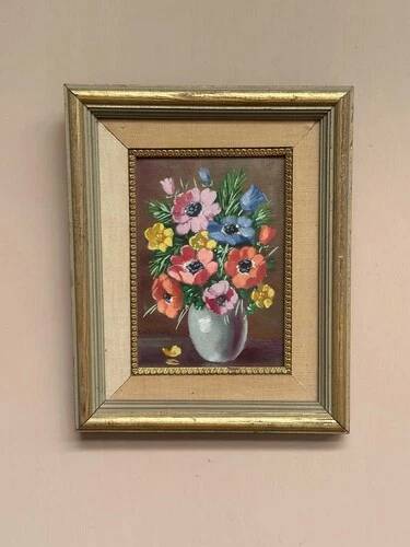 Oil on Canvas Laid on Panel “ Vase” by Sascher, Vintage & Framed 22×27cm