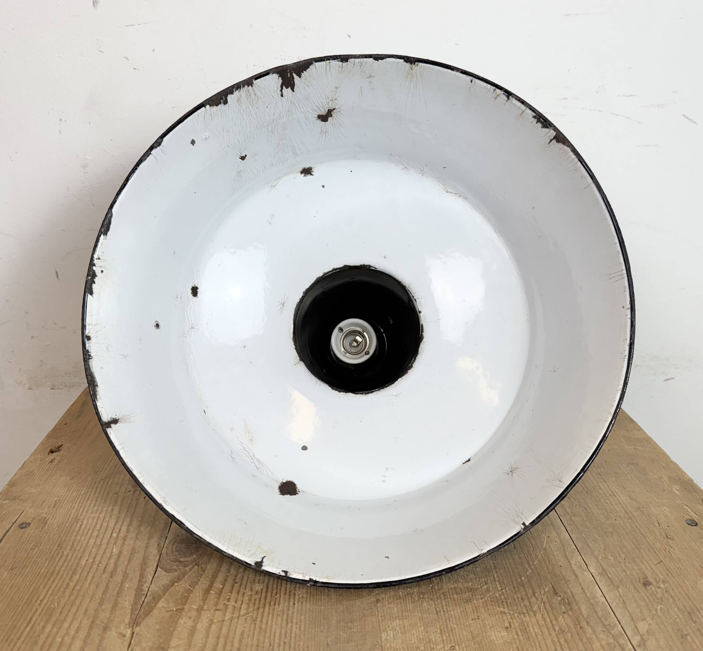 Industrial Black Enamel Factory Lamp with Cast Iron Top, 1950s