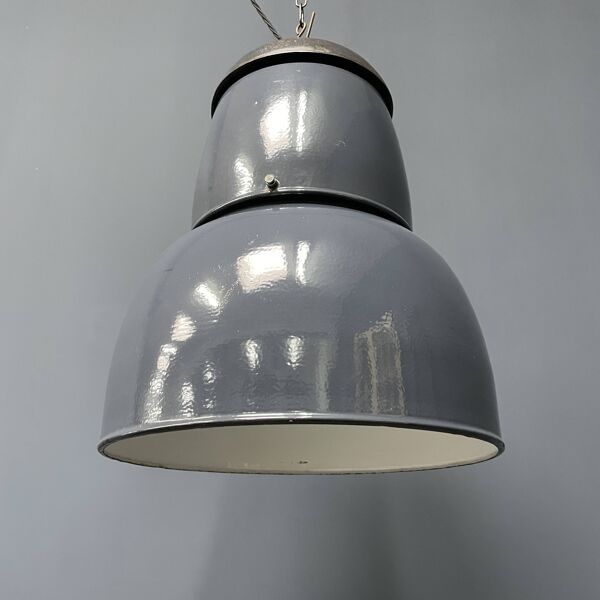 Grande lampe à suspension industrielle ancienne en émail bleu-gris