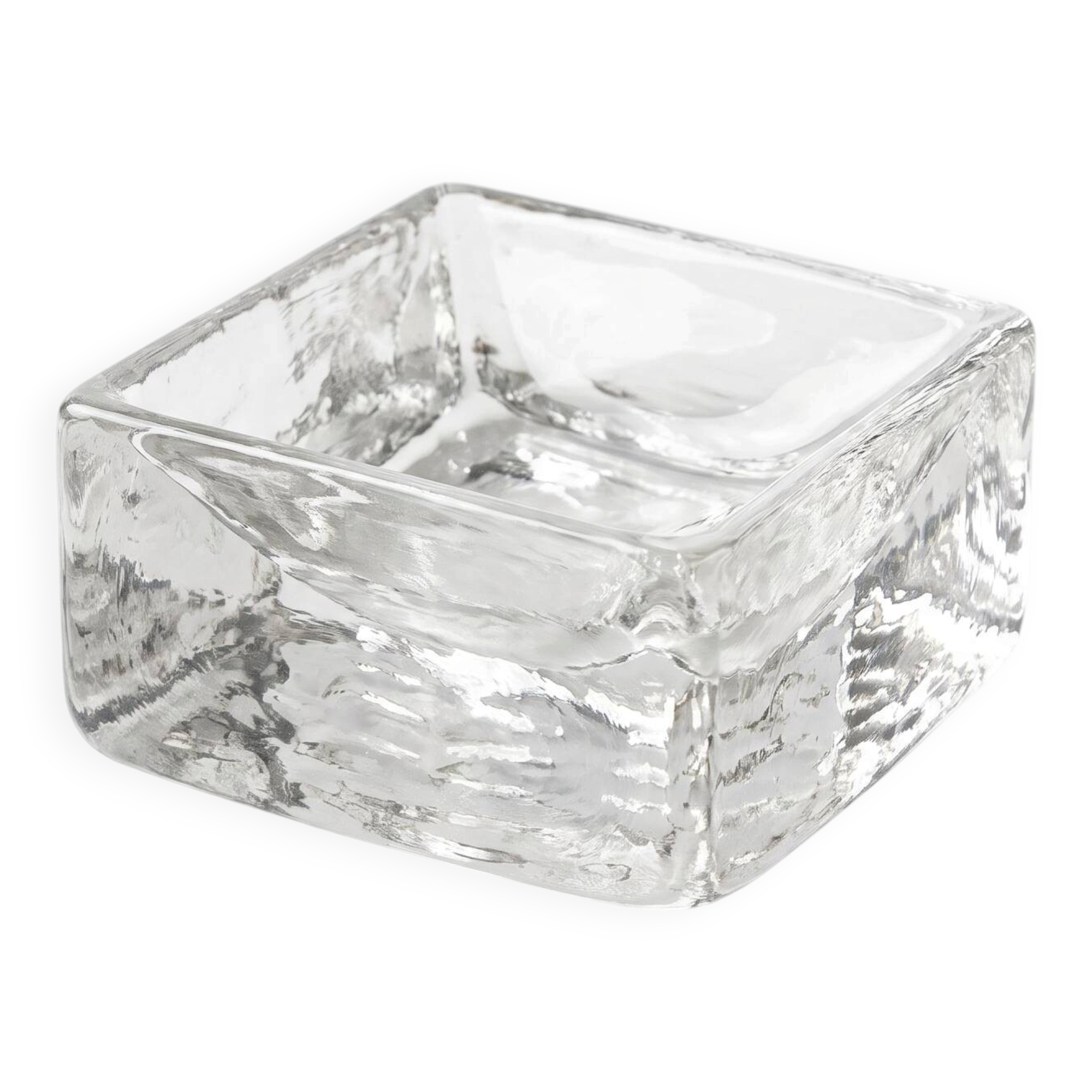 Vintage square ashtray in clear solid glass, 1970s design.