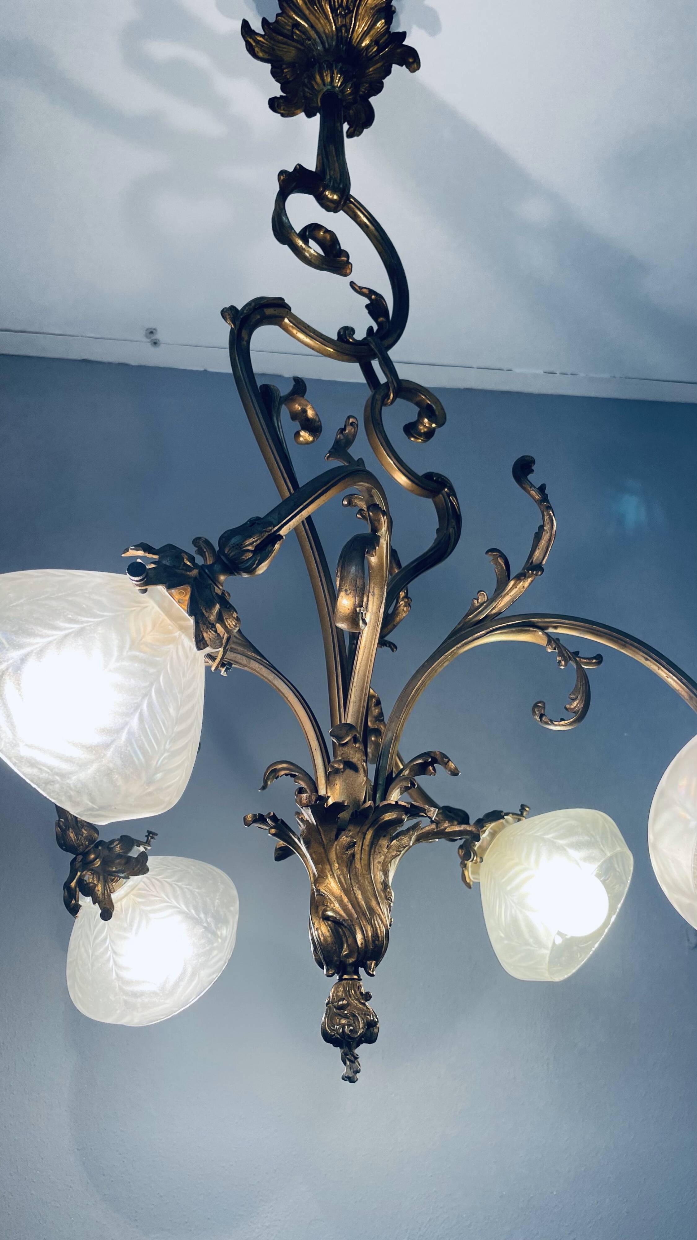 Jugendstil Golden Chandelier with Frosted Glass Shades
