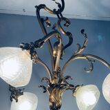 Jugendstil Golden Chandelier with Frosted Glass Shades