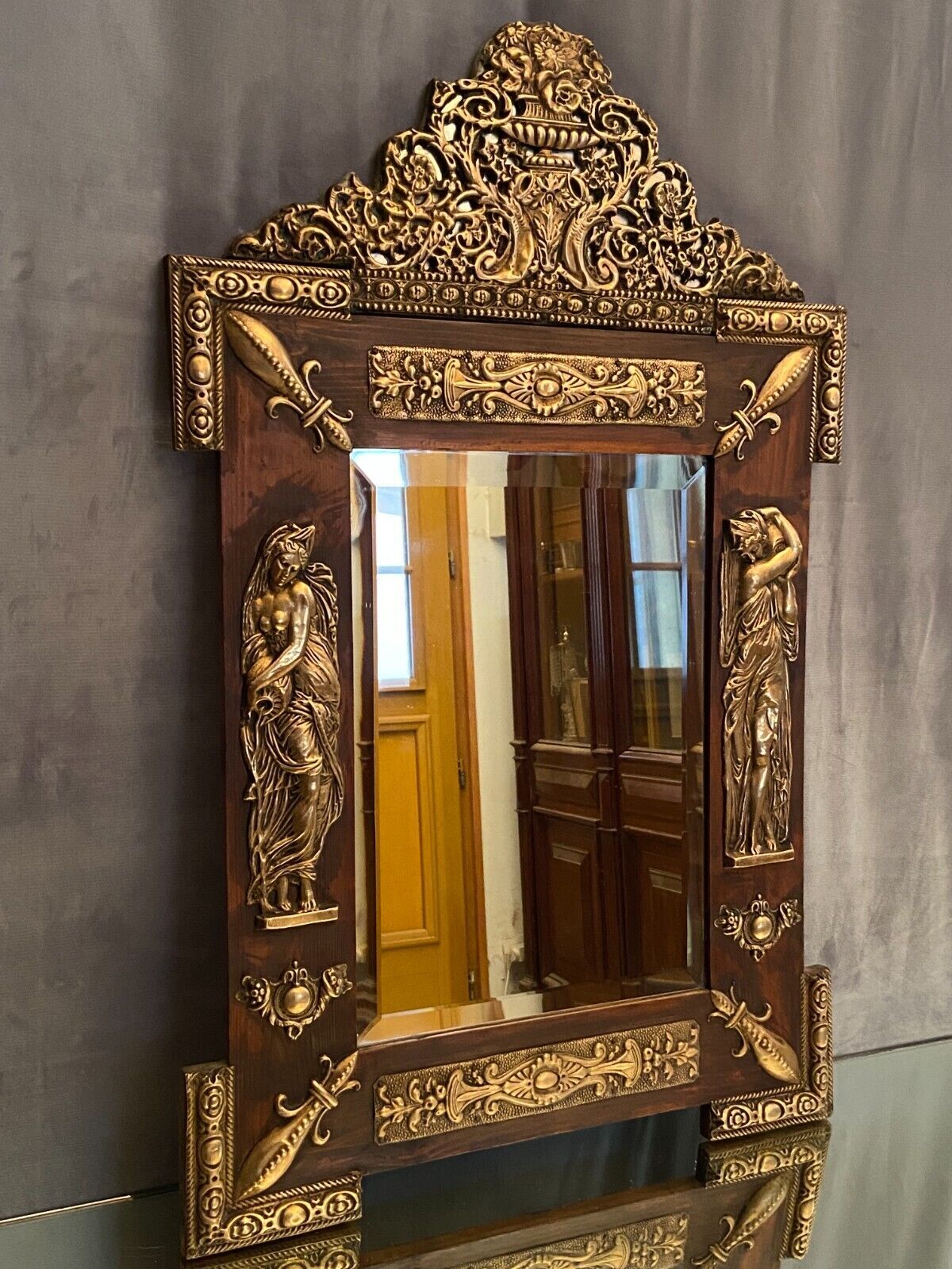 Mirror pediment nineteenth Neo classical decoration antique character brass on wood