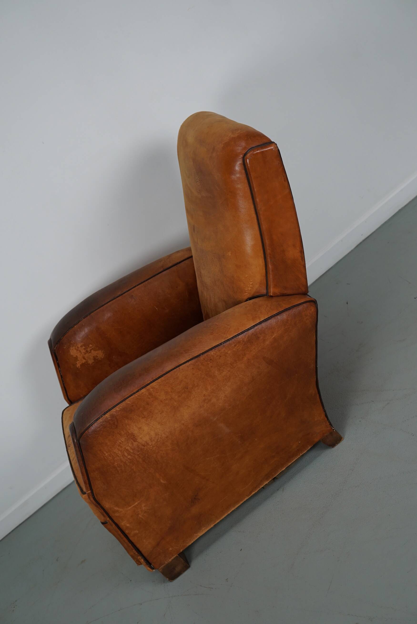 Vintage French Cognac-Colored Leather Club Chair, 1950s