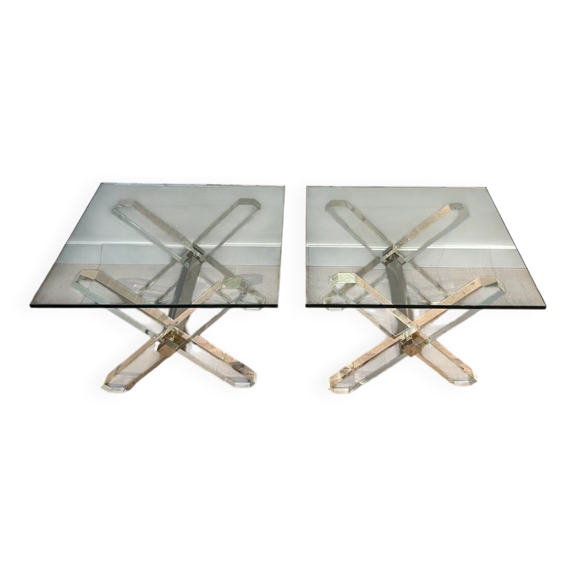 Pair of Plexiglass and Chrome Side Tables with X-shaped Legs, Work