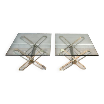 Pair of Plexiglass and Chrome Side Tables with X-shaped Legs, Work