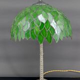 Palm lamp in silvered bronze and green stained glass foliage lampshade, Art Nouveau, 1900