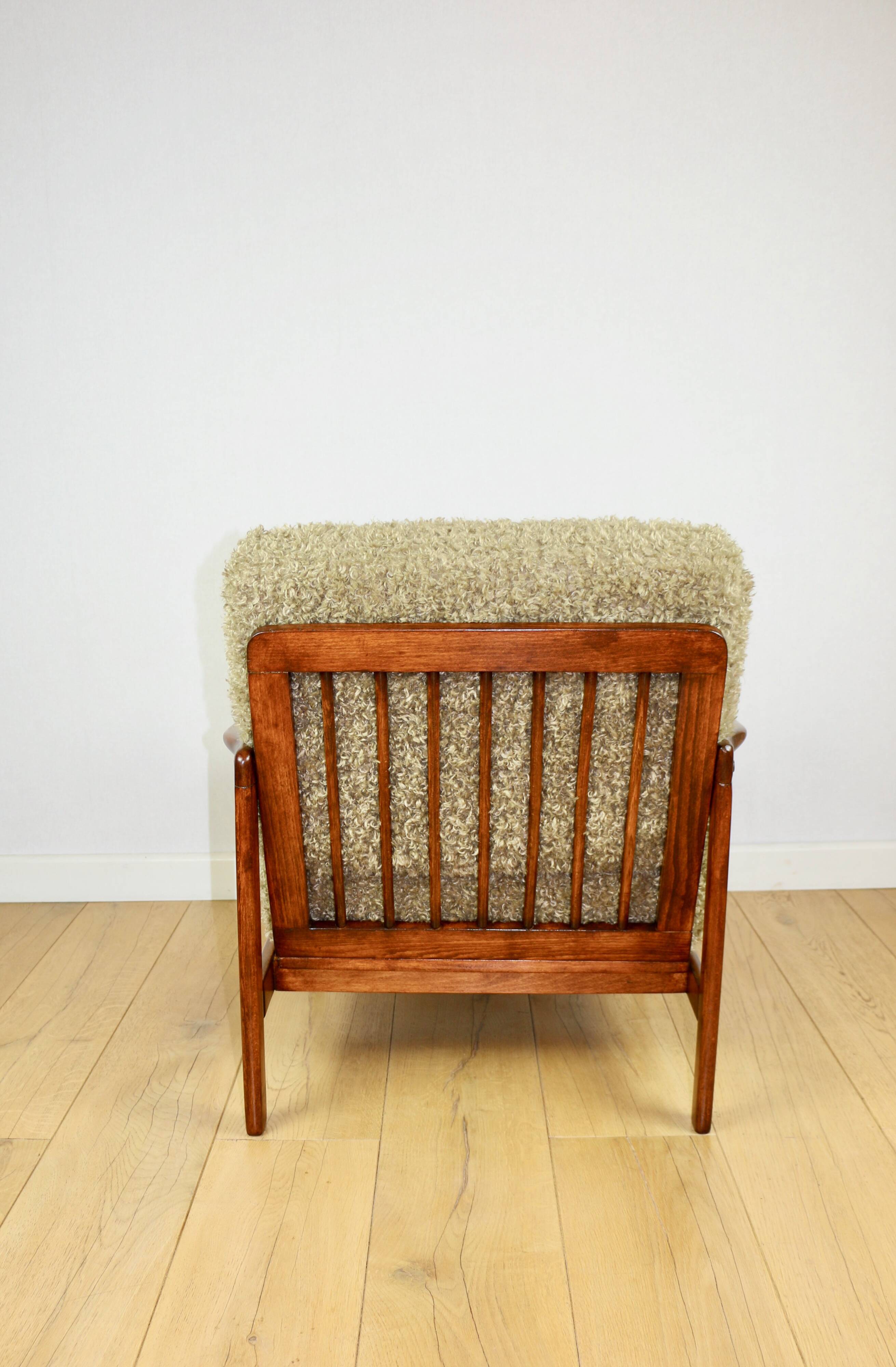 Wooden vintage brown armchair, olive green long hair, design by Z. Bączyk - 2 pieces available