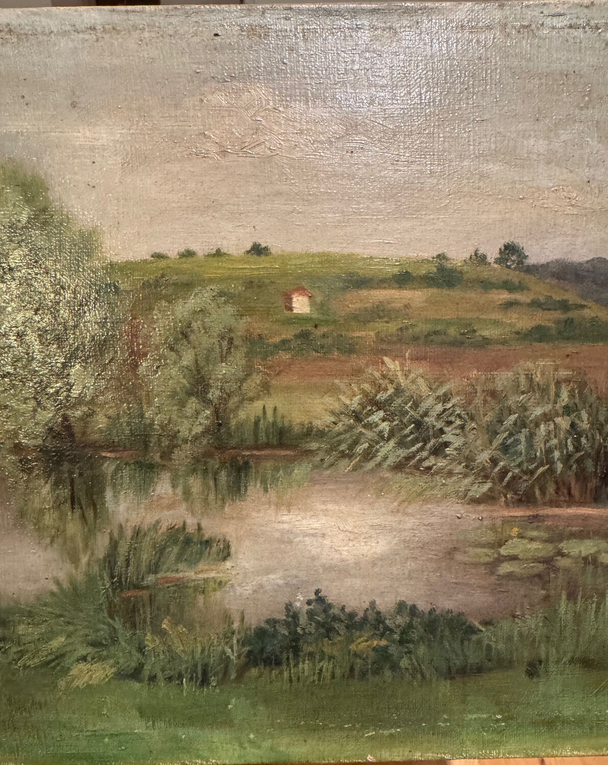 Antique painting, landscape with pond, signed and dated 1895