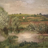 Antique painting, landscape with pond, signed and dated 1895
