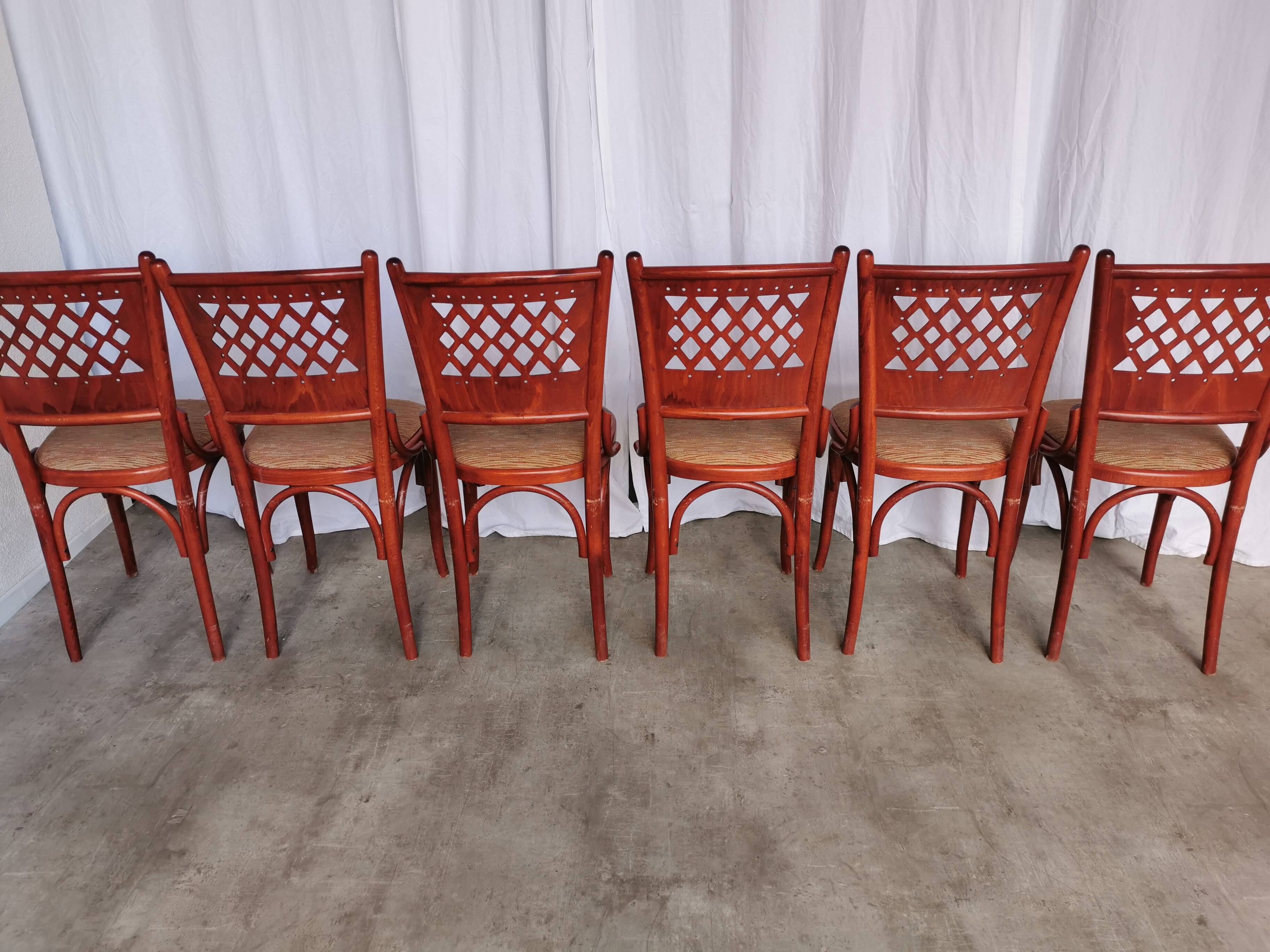 Vintage Italian Bistro Chairs - 1980s Reddish Wood, Brown Fabric - Set of 6