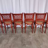 Vintage Italian Bistro Chairs - 1980s Reddish Wood, Brown Fabric - Set of 6