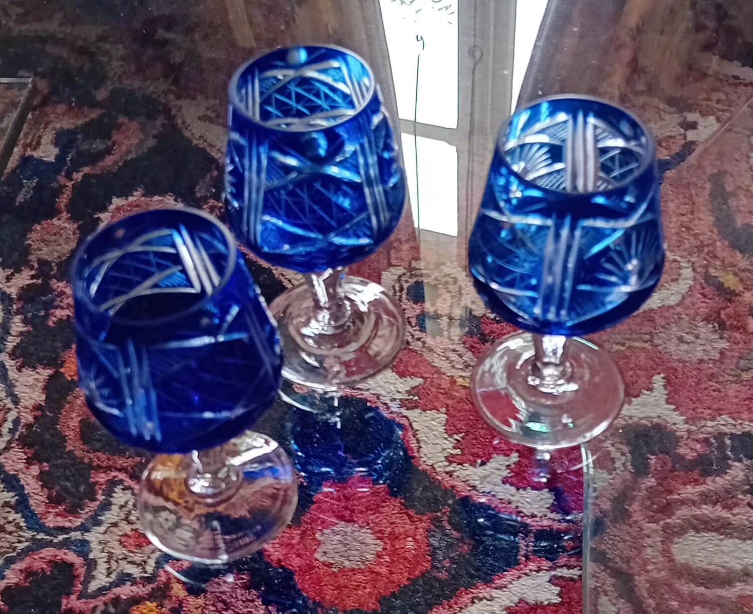 Bohemian blue crystal liqueur glasses