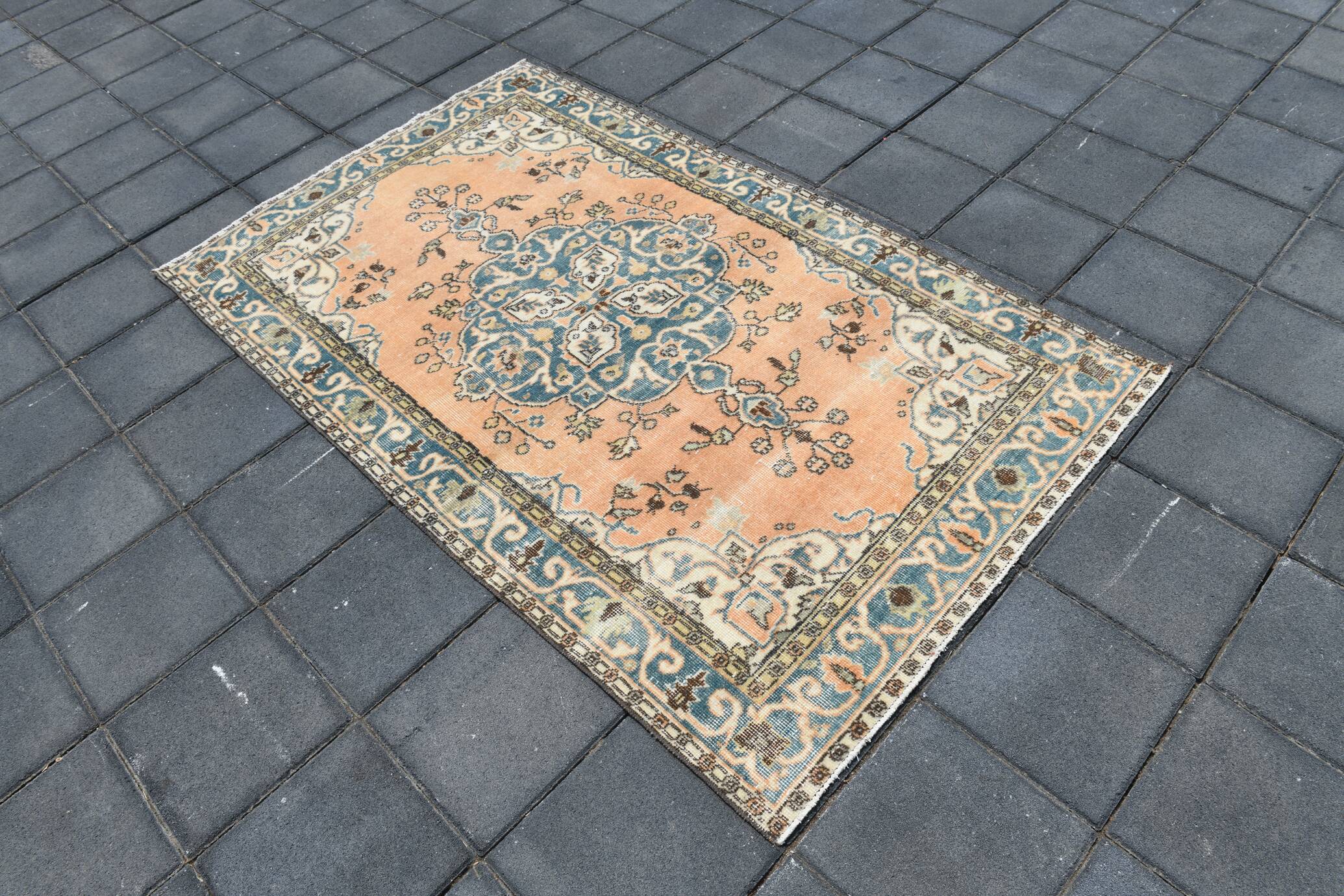 Tapis Turc Vintage Oushak, Couloir Pêche Bleu, 120x194 Cm