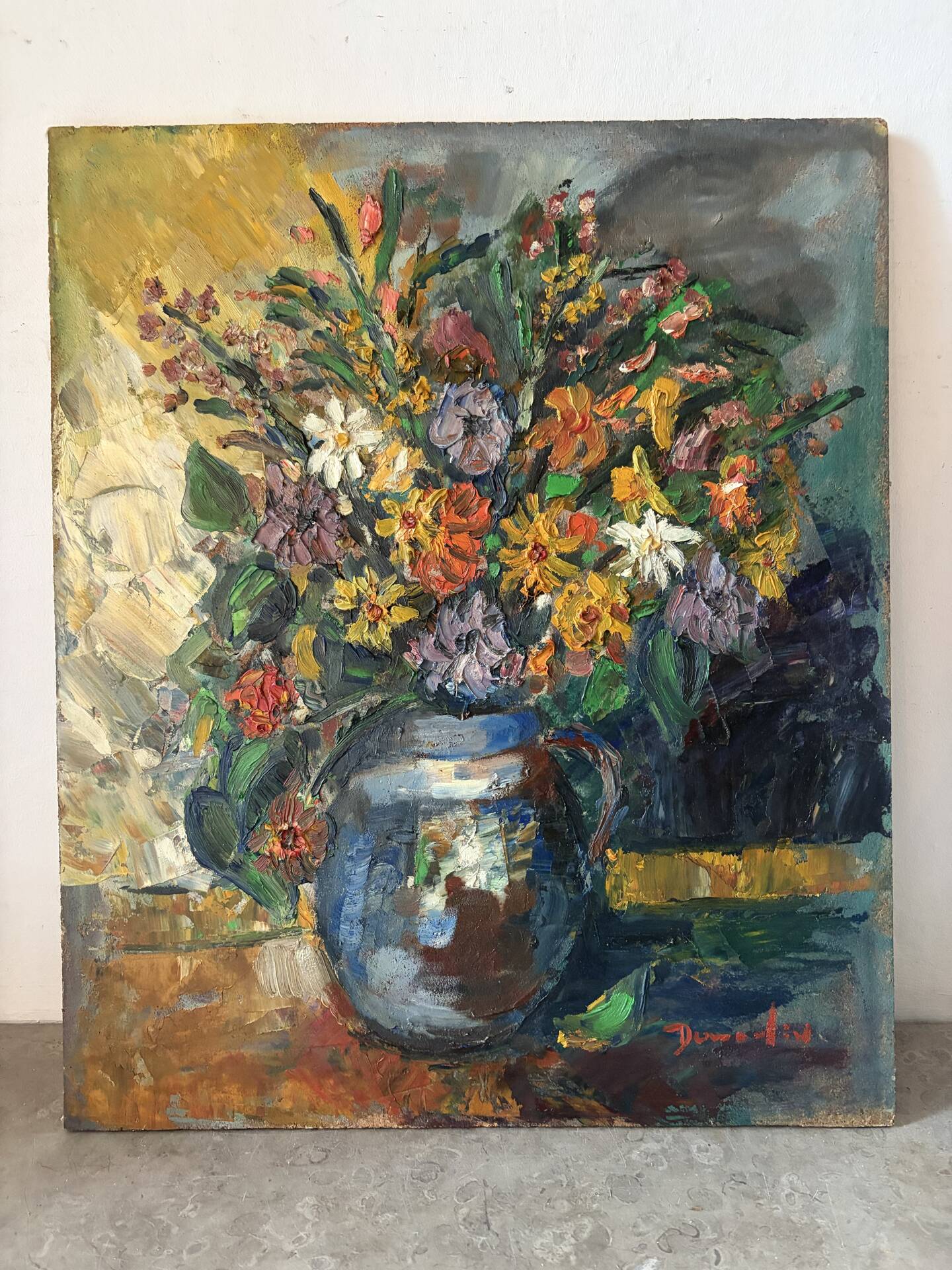 Still life, bouquet, oil with a knife on panel, signed.