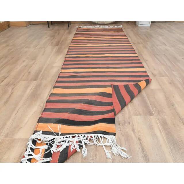 1970s Vintage Turkish Handmade Wool Cotton Red Orange Kilim Rug 93x323