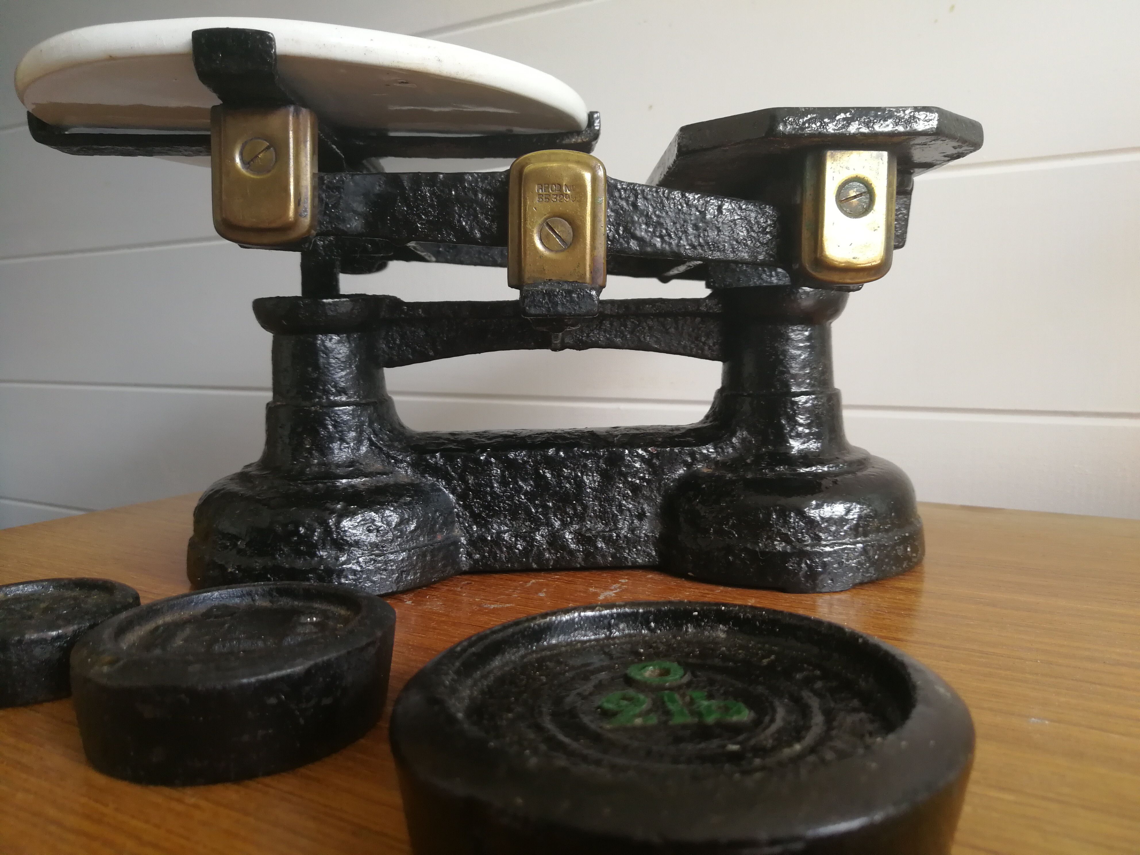 Antique Cast Iron Kitchen Scales With Ceramic Tray And Weights
