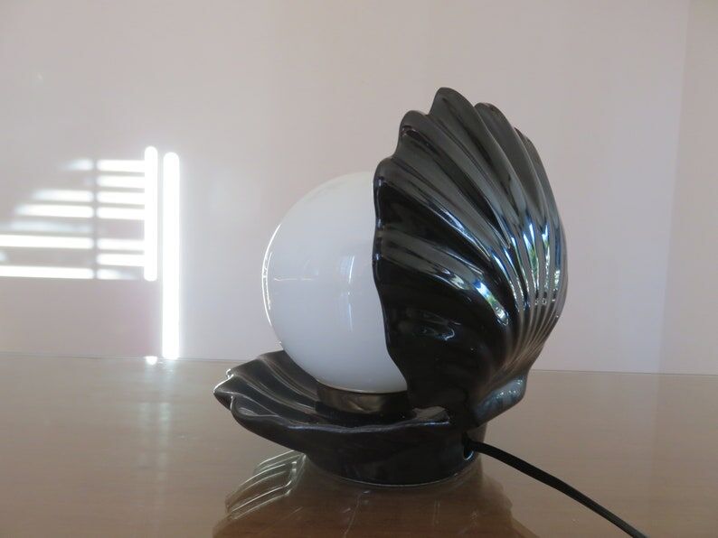 Black ceramic shell lamp and white opaline ball 1970
