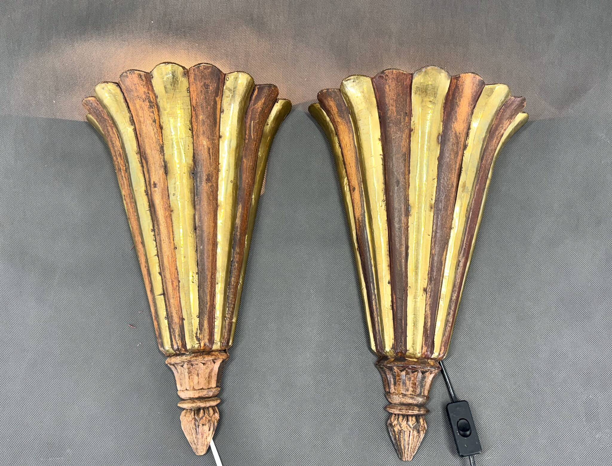 Antique Wood & Brass Wall Lights, France