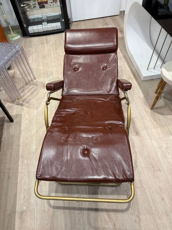 Fauteuil relax inclinable lama en cuir marron et structure tubulaire – italie – années 1960/1970