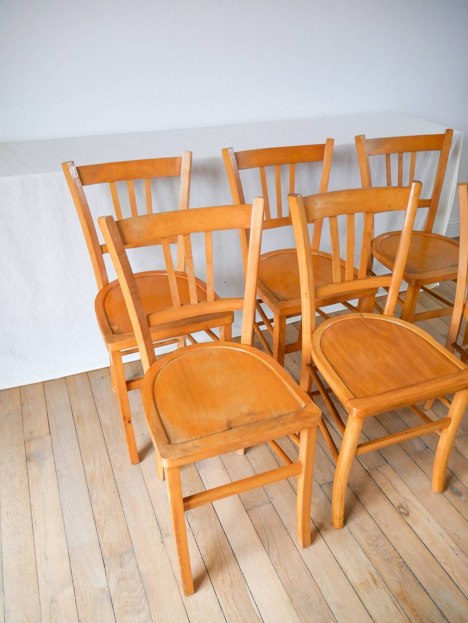 Set of 6 bistro chairs in blond wood luterma 1950