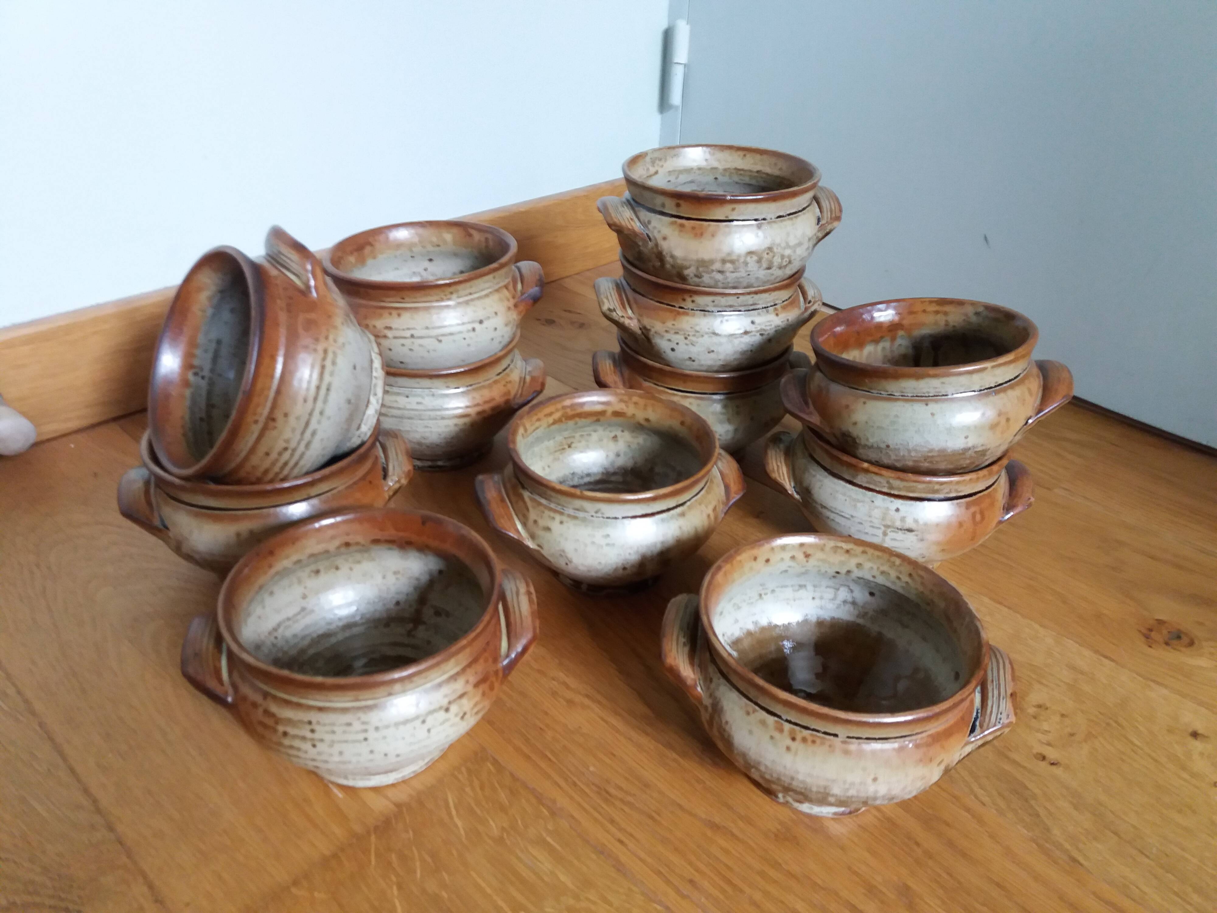 Soup bowls and cups in Puisaye stoneware by Jean-Pierre Prud'homme