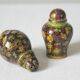 Salt shaker and pepper shaker in brass and vintage cloisonné enamel