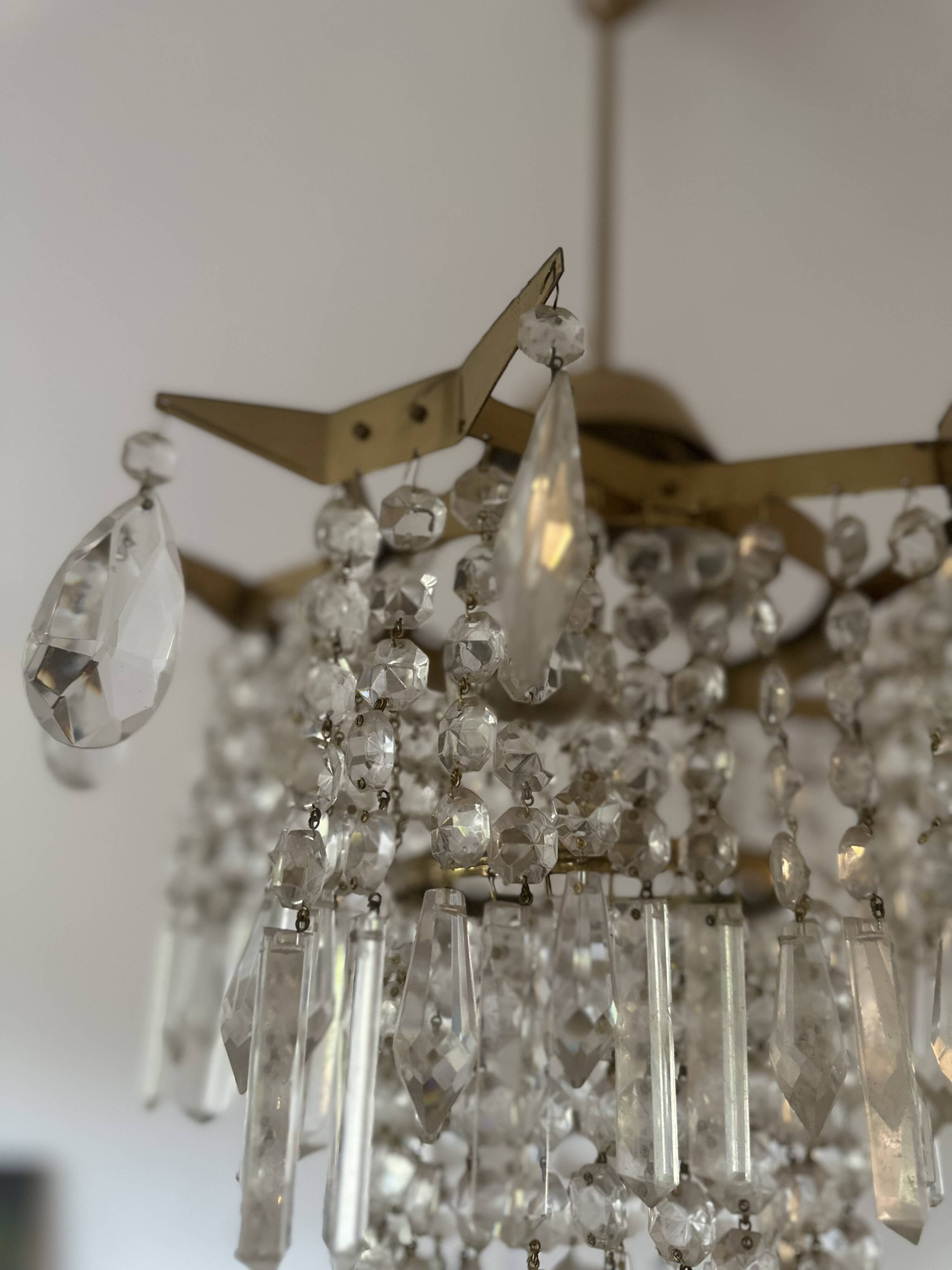 Midcentury brass crystal chandelier