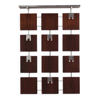 Rosewood wall coat rack with 14 hooks and a hat shelf, 1960s