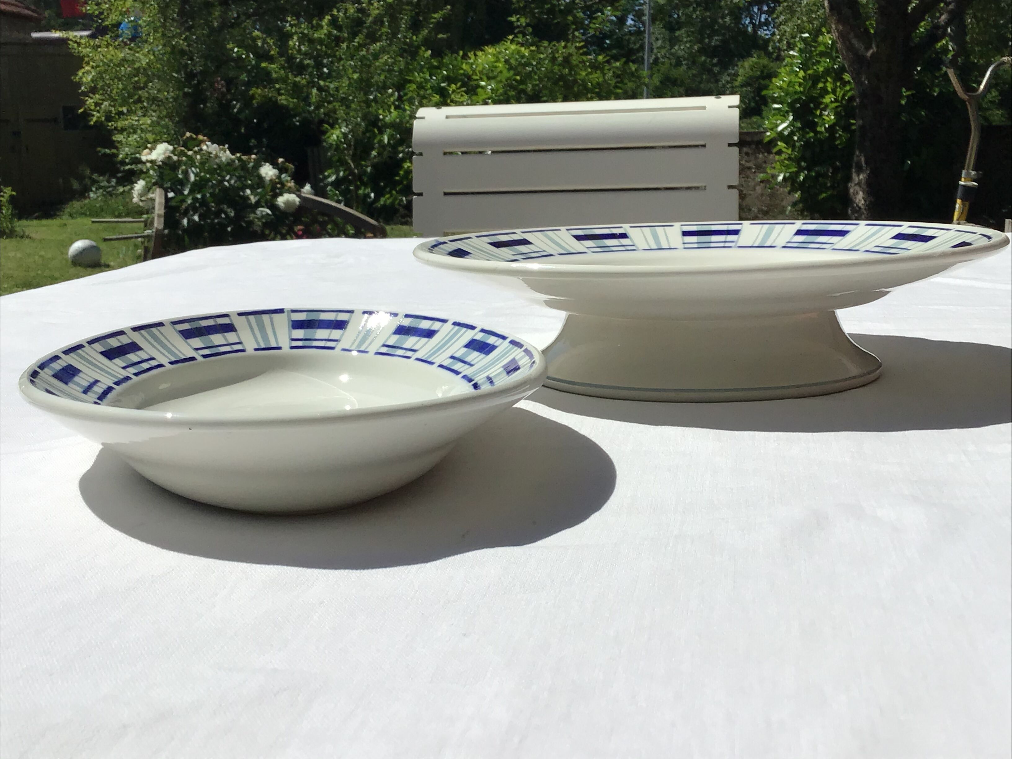 St Amand cup and ramekin blue stripes